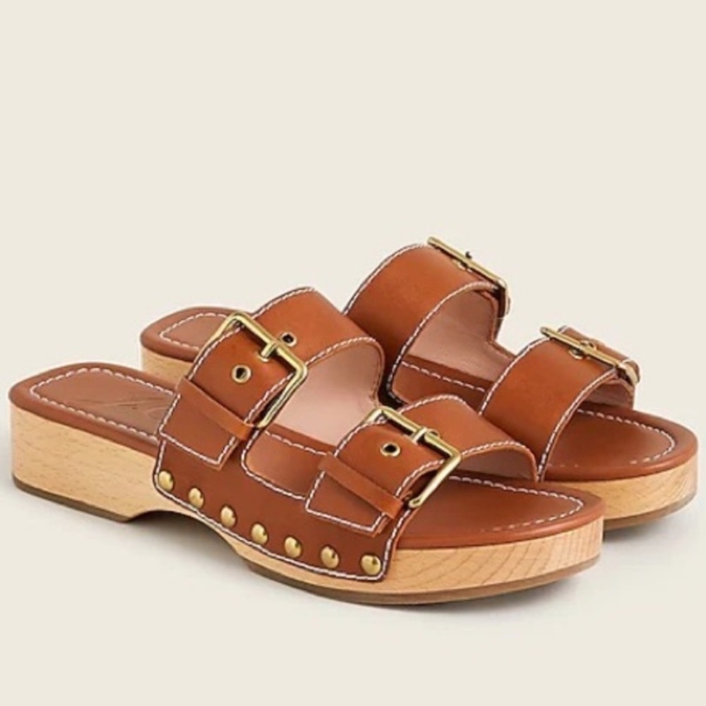 J. Crew Leather Double Buckle-Strap Wood Soled Sandal Clog Rich Oak/Brown SZ 7.5